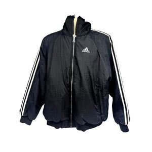 Adidas Black Trefoil Three Stripe Spellout Zip Hooded Reversible 90s Jacket L